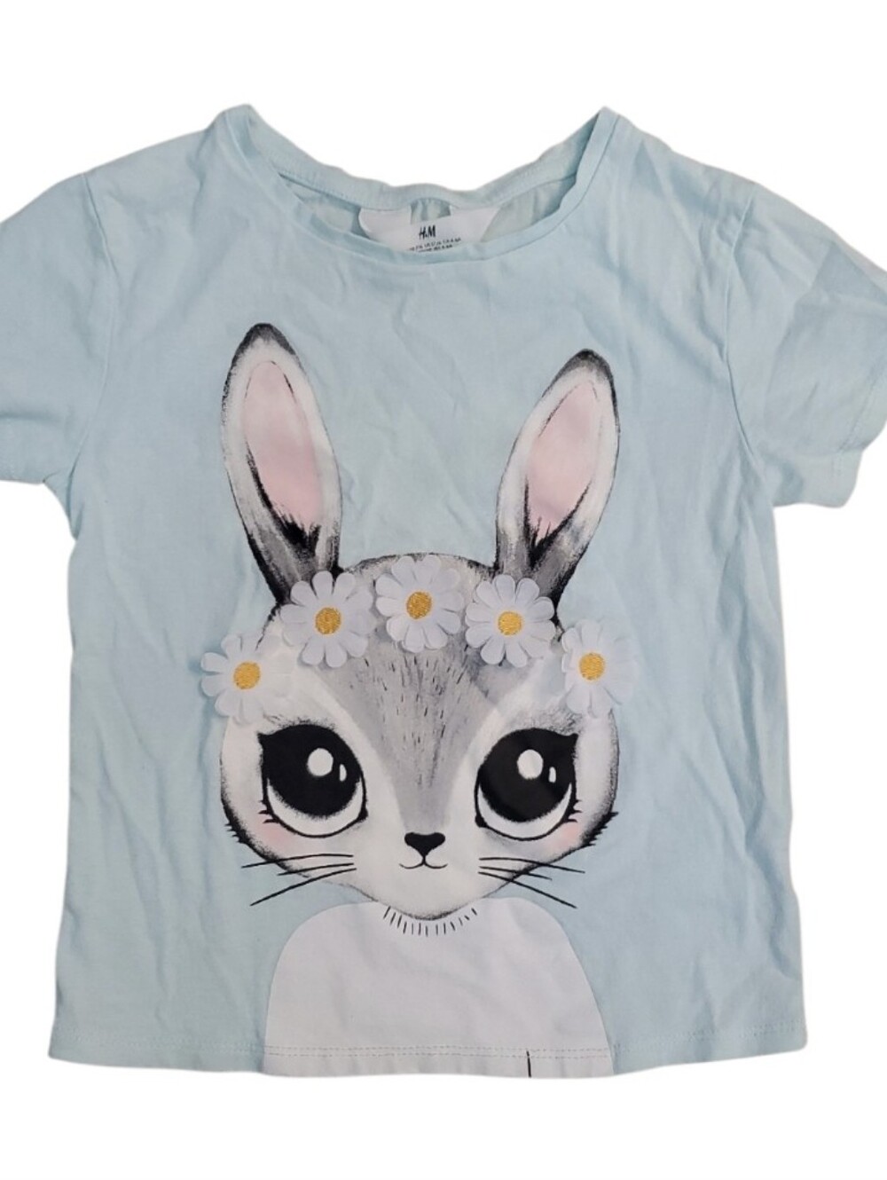 H&M Light Aqua Bunny Rabbit Graphic Tee With 3D Flowers Size 5T-6